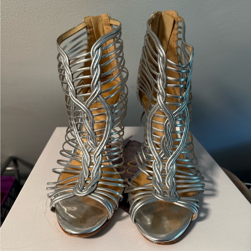 SCHUTZ Metallic Silver Strappy Heels - Picture 2 of 4
